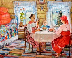 Kitchen interior with samovars