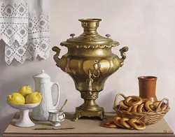 Kitchen interior with samovars