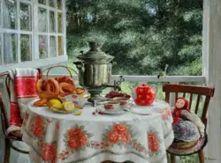 Kitchen interior with samovars