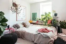 Artificial plants in the bedroom interior