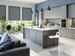 Gray windows in the kitchen interior