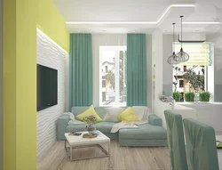 Gray green living room kitchen interior