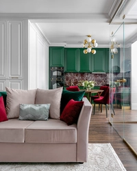 Gray green living room kitchen interior