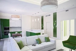 Gray green living room kitchen interior