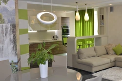 Gray green living room kitchen interior