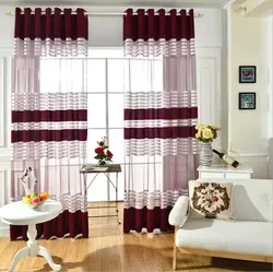 Burgundy curtains in the kitchen interior