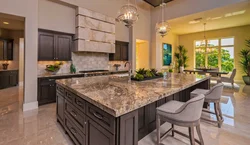 Brown porcelain tiles in the kitchen interior