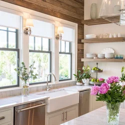 Wooden windows in the kitchen interior