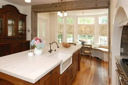 Wooden windows in the kitchen interior