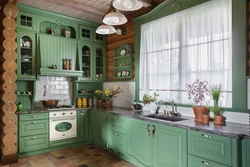 Wooden windows in the kitchen interior