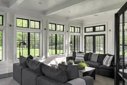 Black windows in the living room interior