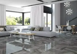 Light porcelain tiles in the living room interior