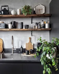 Loft shelves in the kitchen interior