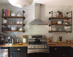 Loft shelves in the kitchen interior