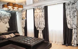 Black and white living room interior curtains