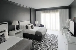 Interior bedroom black and white curtains