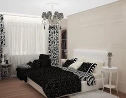 Interior bedroom black and white curtains
