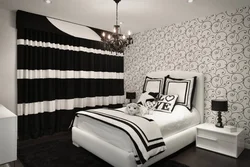 Interior bedroom black and white curtains