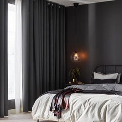 Interior bedroom black and white curtains