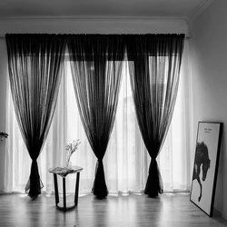 Interior bedroom black and white curtains