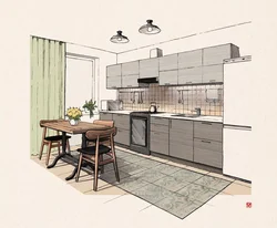 Drawings Of Kitchen Interior With Flowers