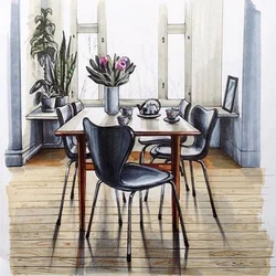 Drawings of kitchen interior with flowers