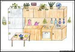 Drawings of kitchen interior with flowers