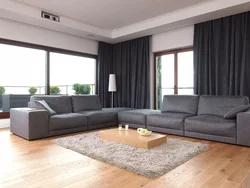 Floor-length curtains in the living room interior