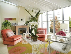 Flowers on the floor in the living room interior