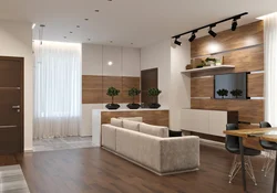 Combination of wood in the interior of the kitchen and living room