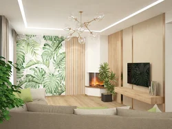 Wall with leaves in the living room interior
