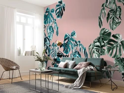 Wall with leaves in the living room interior
