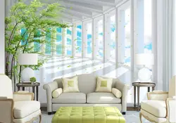 Photo wallpaper in the living room expanding the interior