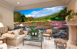 Photo wallpaper in the living room expanding the interior