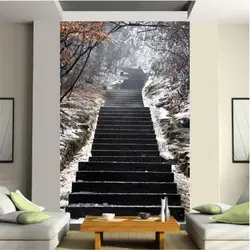 Photo wallpaper in the living room expanding the interior