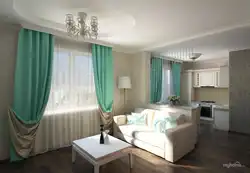 Gray kitchen interior with turquoise curtains