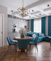 Интерьер серой кухни с бирюзовыми шторами