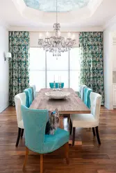 Gray kitchen interior with turquoise curtains