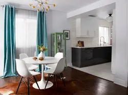 Gray Kitchen Interior With Turquoise Curtains