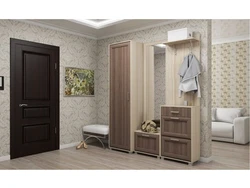 Hallway interior with oak colored furniture