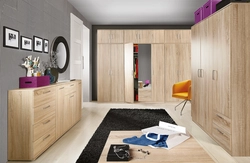 Hallway interior with oak colored furniture