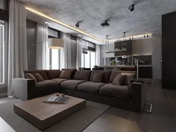 Gray Living Room Interior With Brown Floor