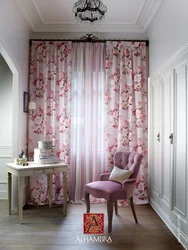 Curtains with roses in the kitchen interior