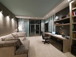 Interior of bedroom office and living room kitchen