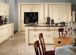 Dark table in the interior of a light kitchen