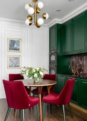 Green Chairs In The Interior Of A Gray Kitchen