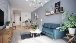 Qonaq otağının interyerində Skandinaviya üslubunda divan