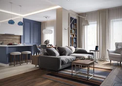 Kitchen living room gray with wood in the interior