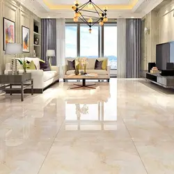 Marble-effect porcelain tiles in the living room kitchen interior