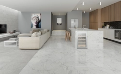 Marble-effect porcelain tiles in the living room kitchen interior